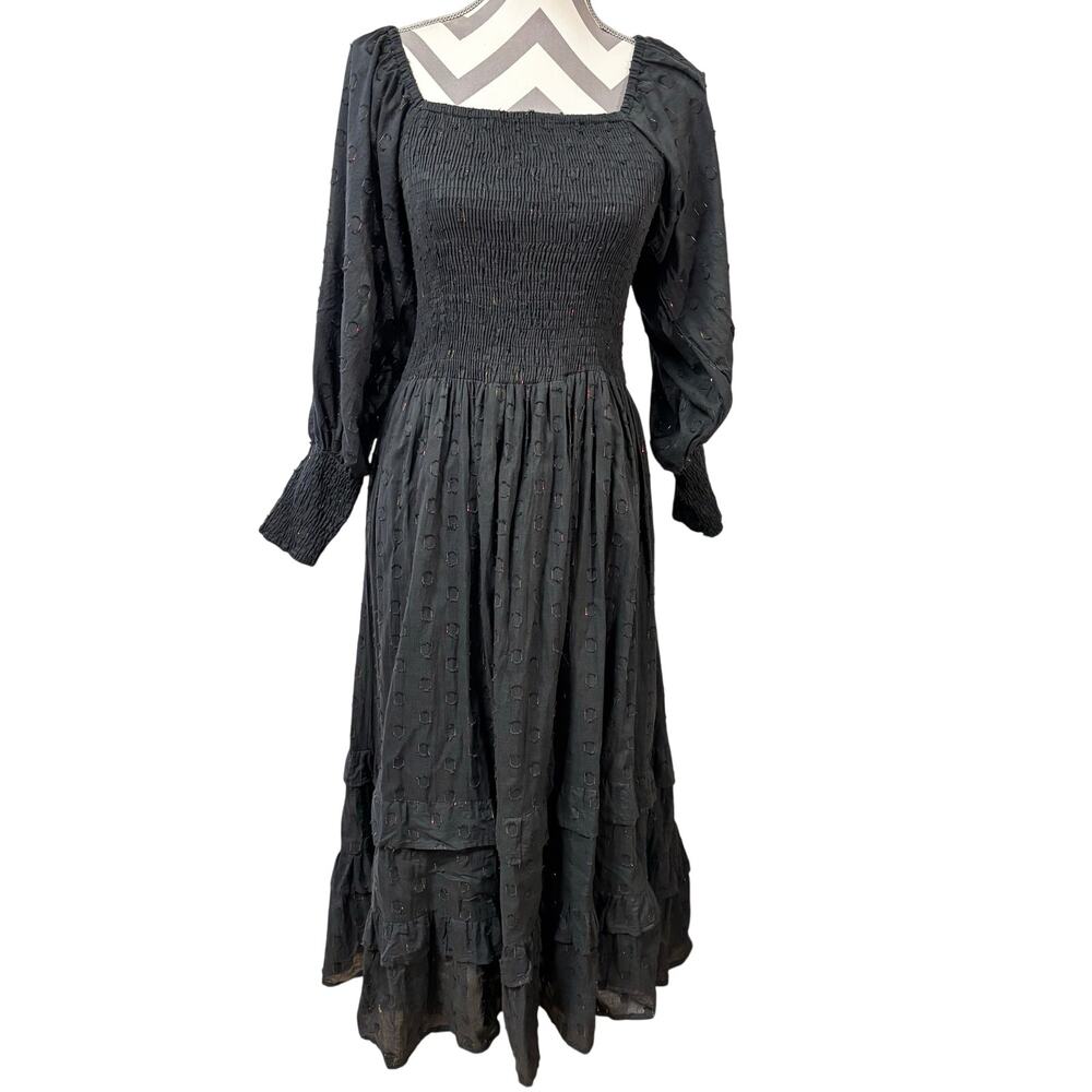 Oliphant Small Smocked Top Ruffle Tiered Midi Dress Midnight Black Gold Lurex